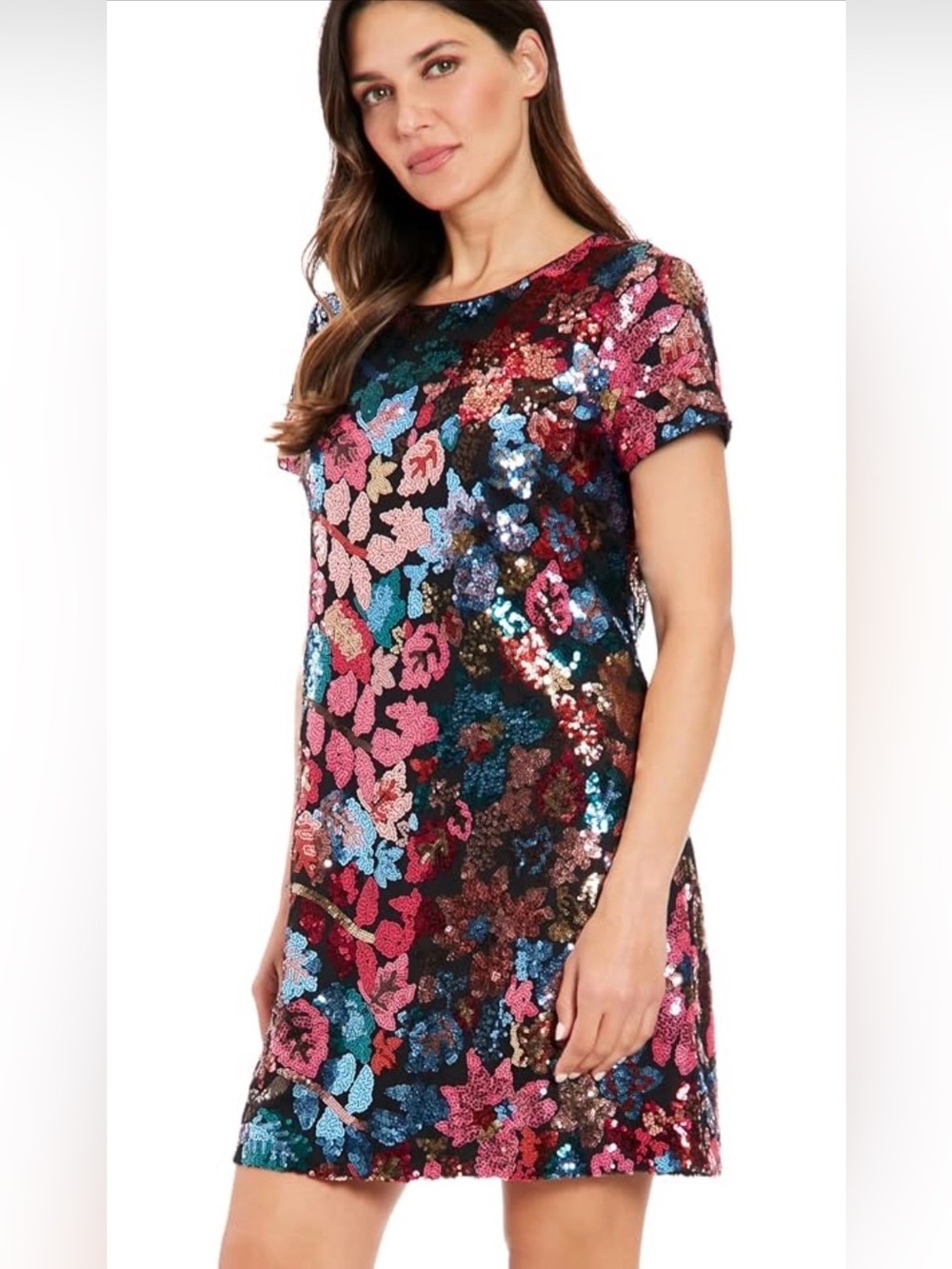 NWT London Times Multicolor Sequin Floral Shift Dress - Pink, Blue, Red, Gold, 4